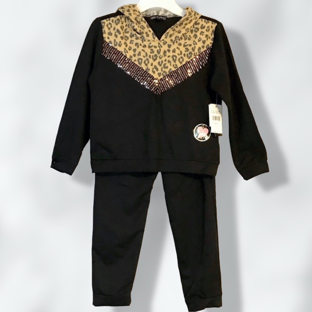 NWT Girls First 2 Piece Black and Leopard Fleece Hoodie and Pants Set / Sz 10